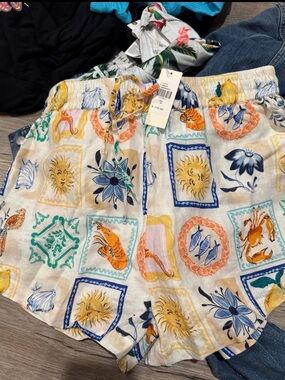 Anthropologie Printed Linen-Blend Summer Shorts fish new